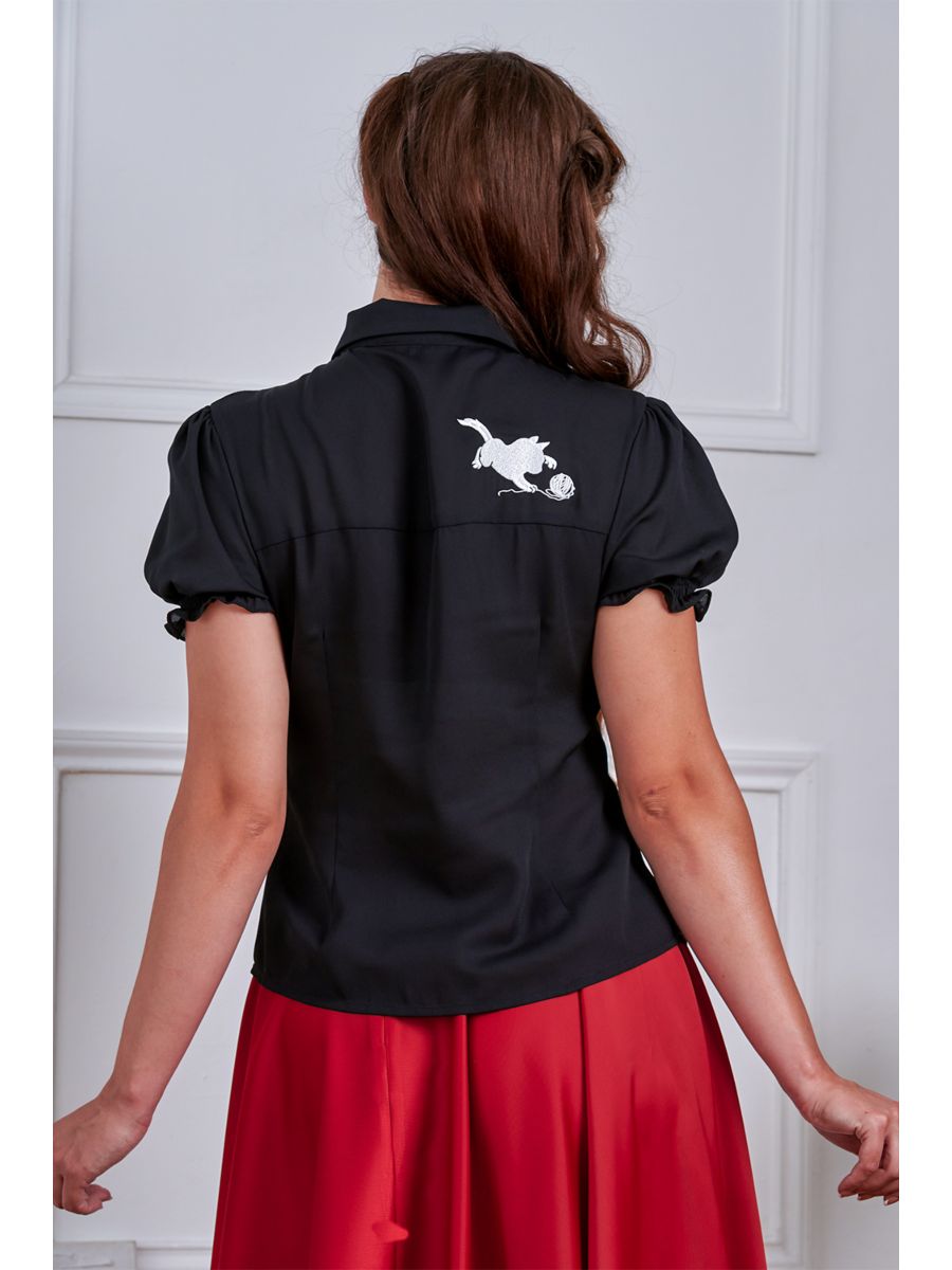 Banned Retro Adorable Cat Embroidered Puff-Sleeve Blouse-Black