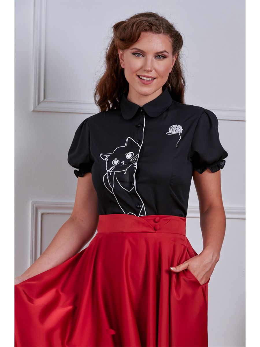 Banned Retro Adorable Cat Embroidered Puff-Sleeve Blouse-Black