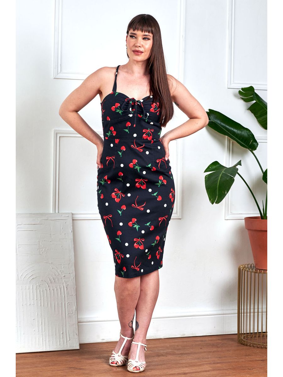 Banned Retro 50s Tullia Cherries And Bows Pencil Dress-Black