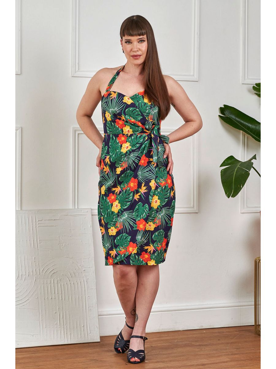 Banned Retro 50s Evie Tropical Summer Sarong Pencil Dress-Navy