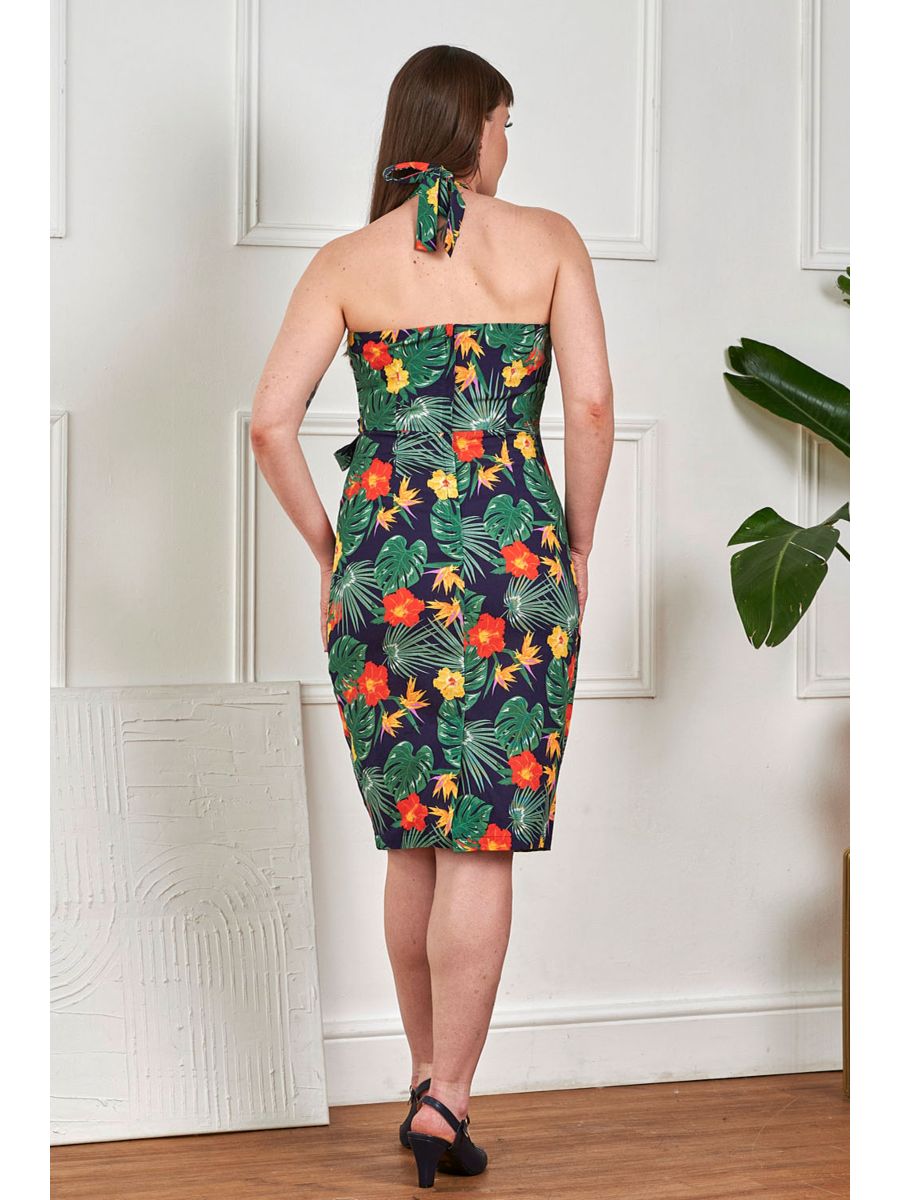 Banned Retro 50s Evie Tropical Summer Sarong Pencil Dress-Navy
