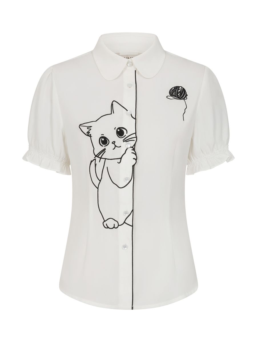 Banned Retro Adorable Cat Embroidered Puff-Sleeve Blouse-White