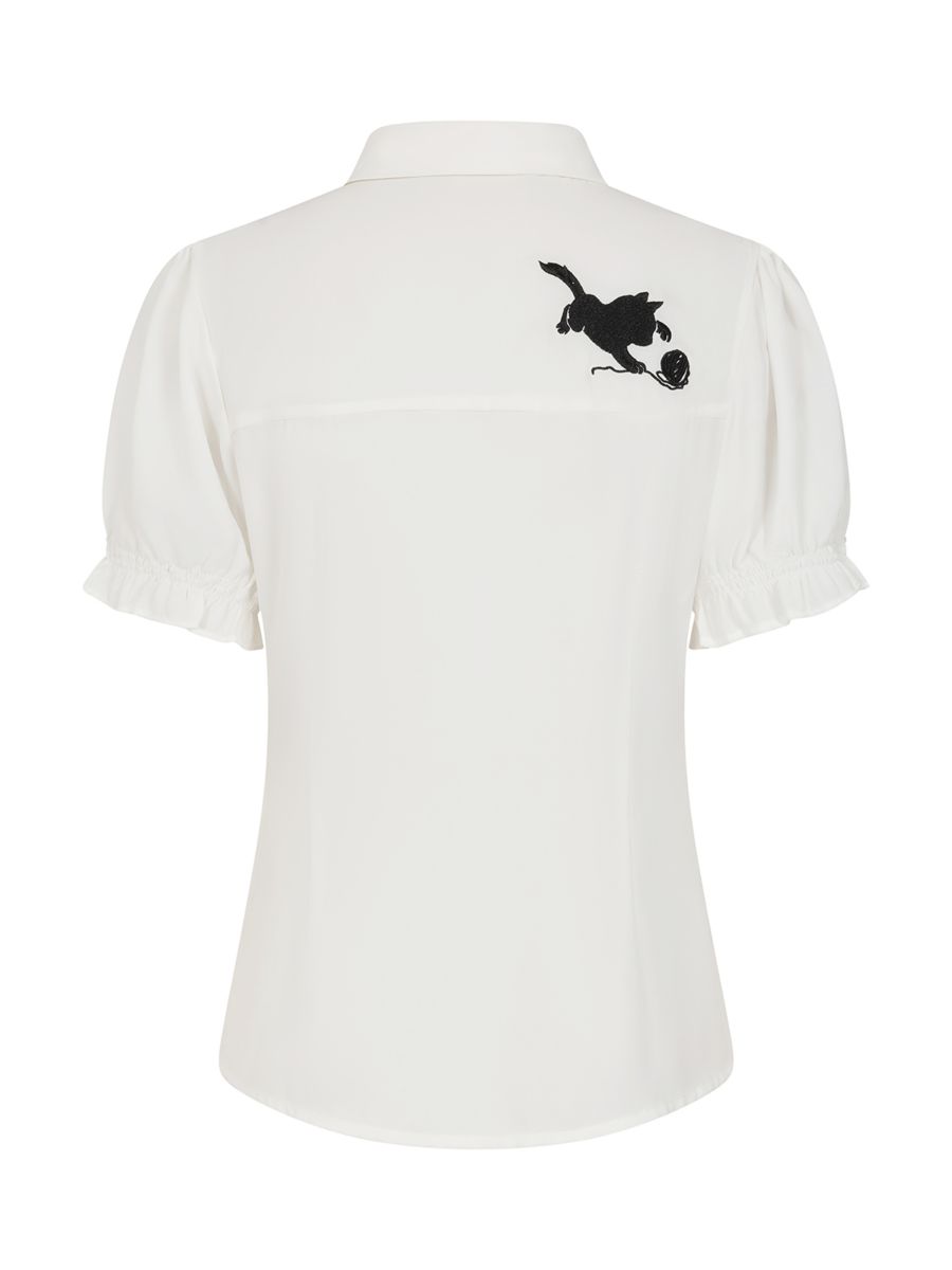 Banned Retro Adorable Cat Embroidered Puff-Sleeve Blouse-White
