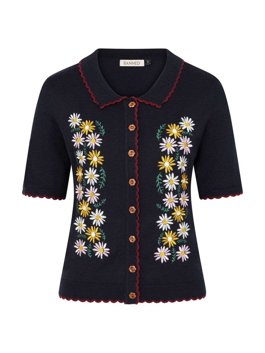 Banned Retro 50s Penny Flower Cardigan-Navy