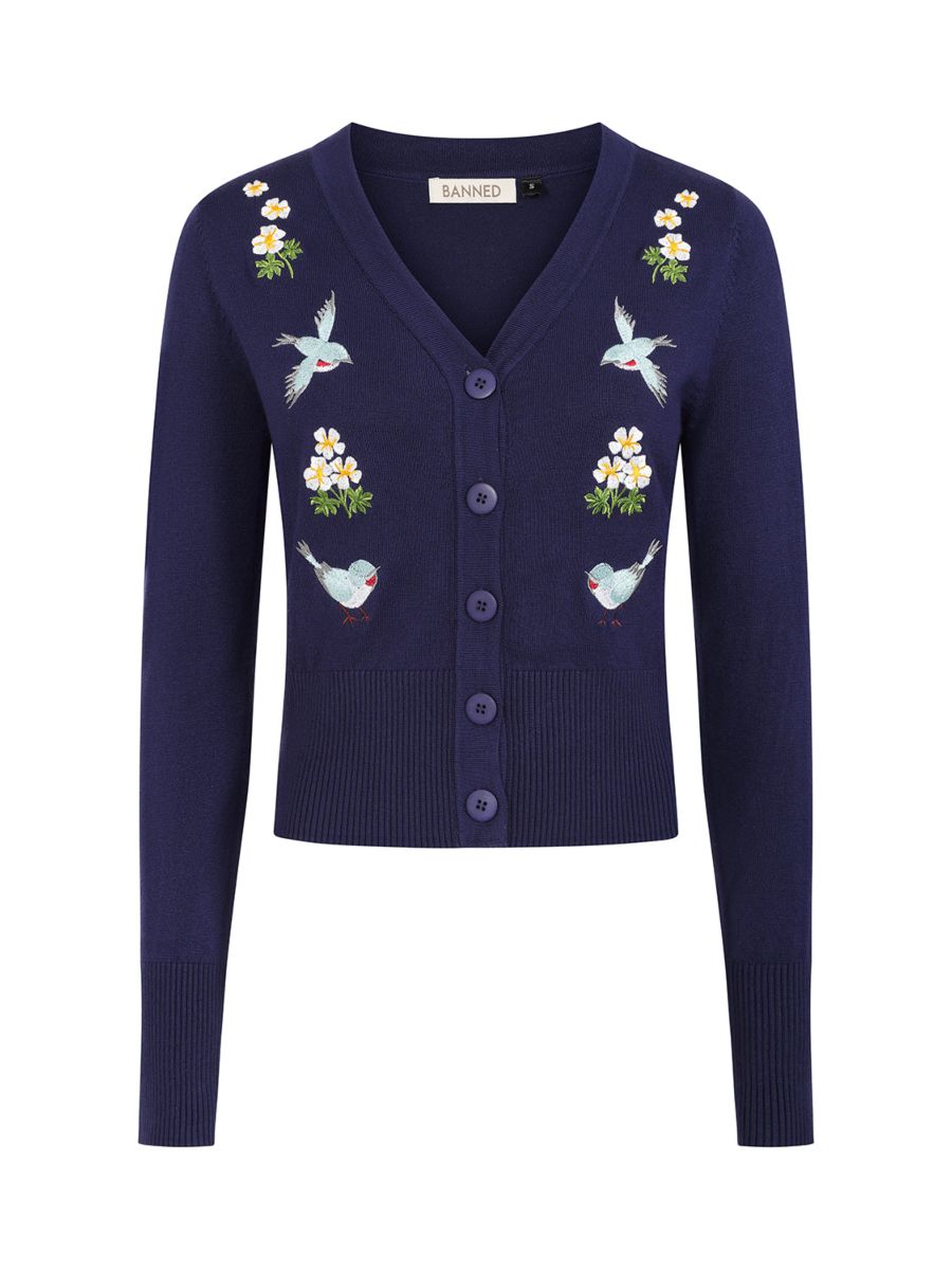Banned Retro 50s Nara Birds And Flowers Cardigan-Navy