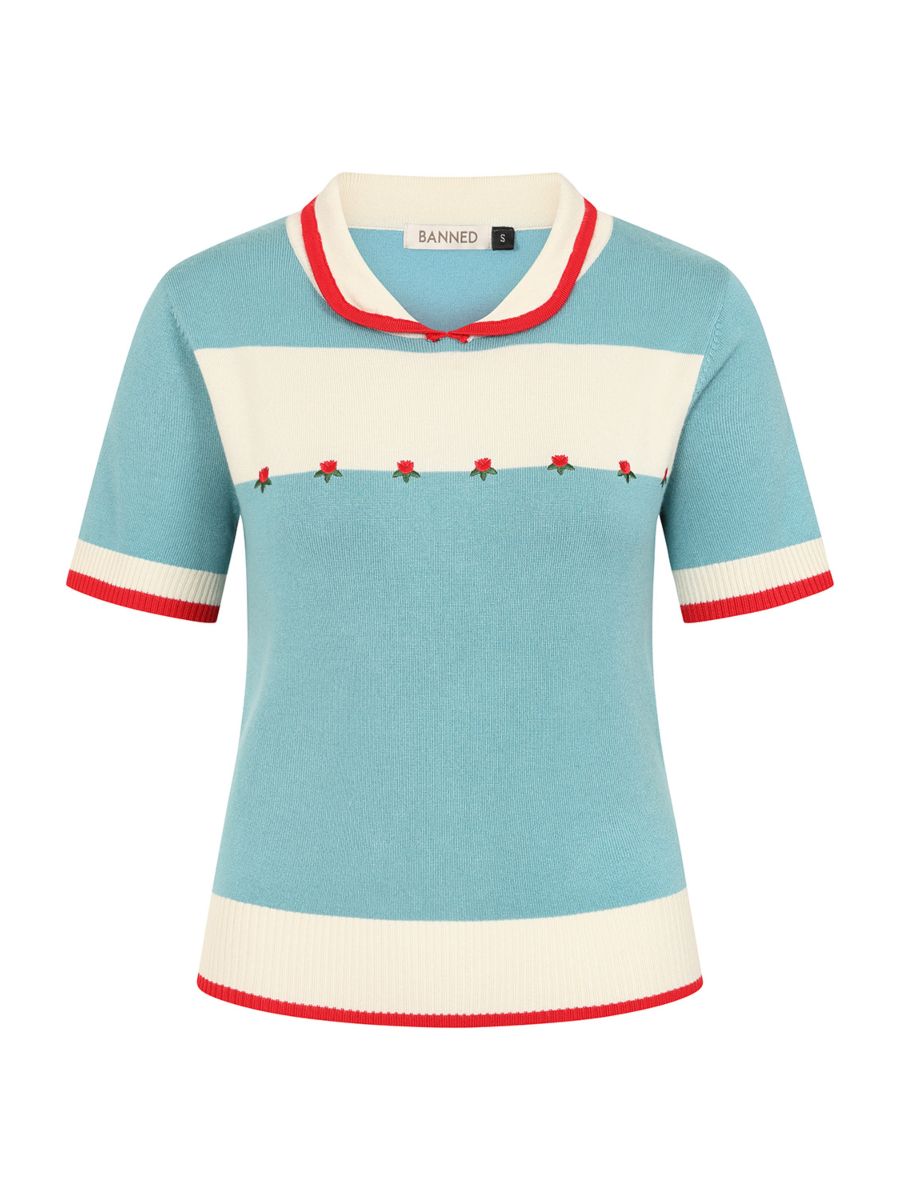 Banned Rockabilly Lily Rose Embroidered Knitted Jumper-Blue