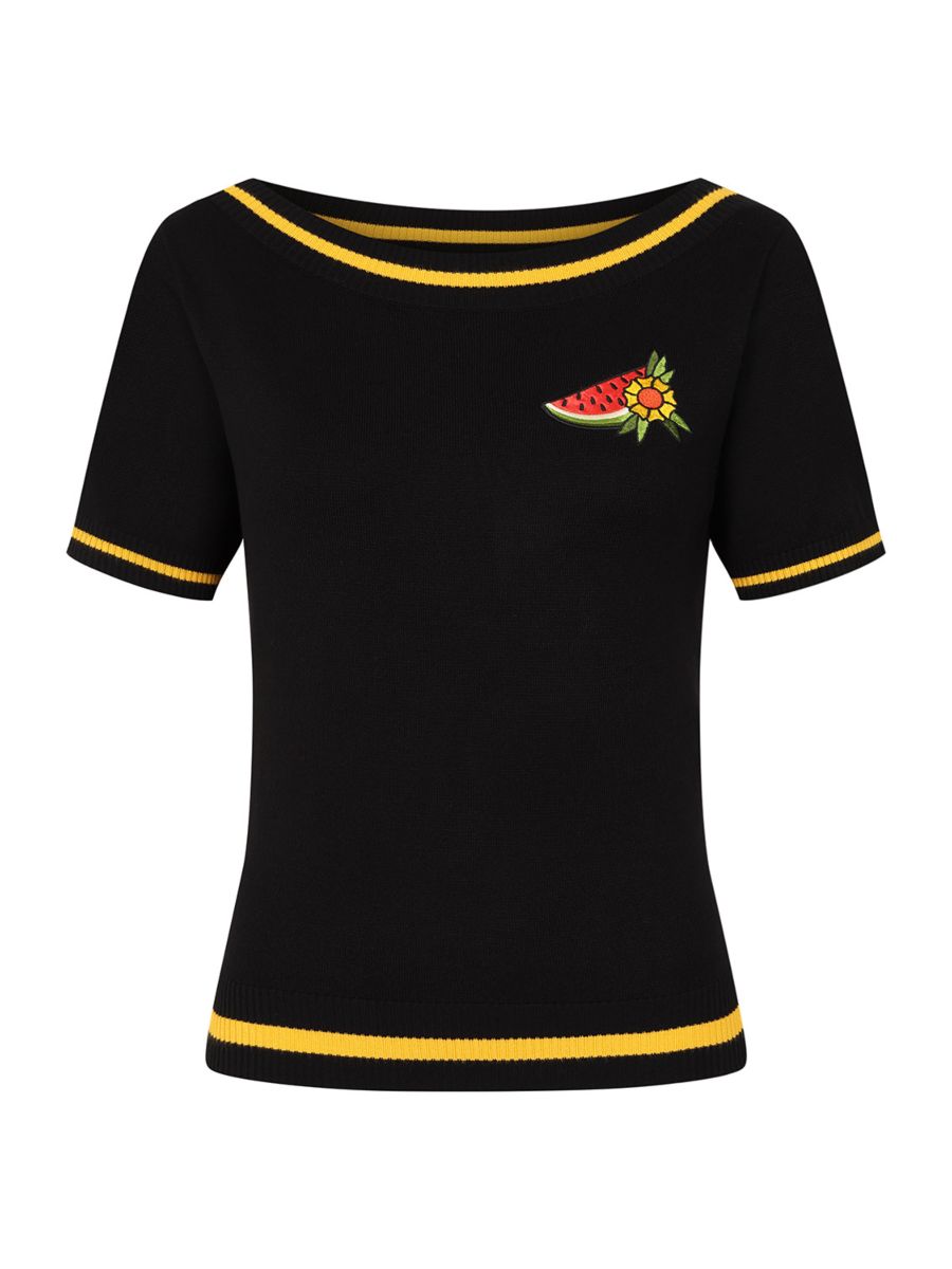 Banned Rockabilly Luna Summer Knitted Jumper With Watermelon Embroidery-Black