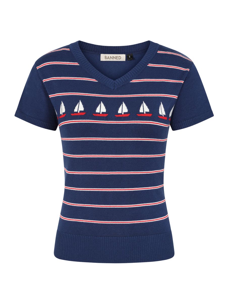 Banned Rockabilly Marine Molly Knitted Jumper-Navy/Red