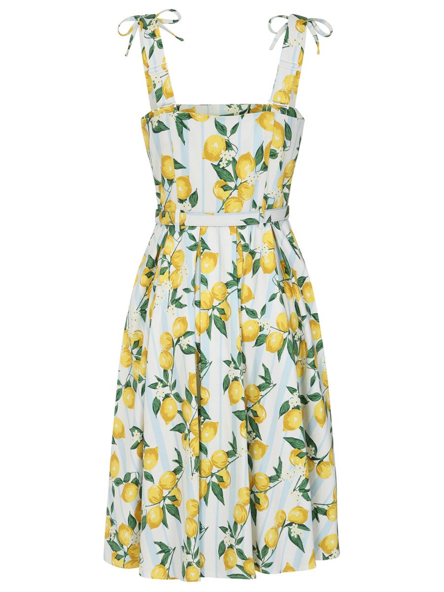 Banned Retro June Lemon And Stripes Swing Dress-Cream