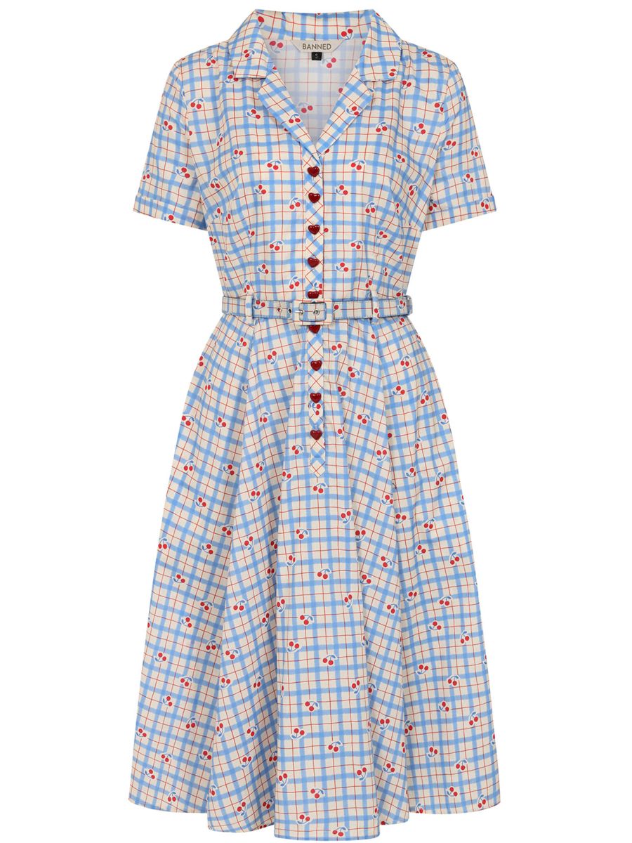 Banned Retro 50s Bella Cherry Check Swing Full Circle Dress-Blue