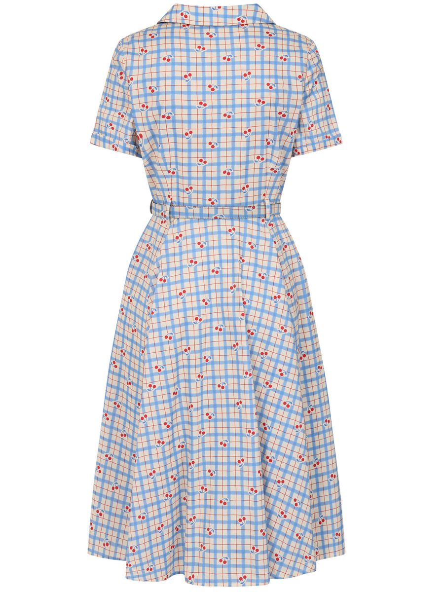 Banned Retro 50s Bella Cherry Check Swing Full Circle Dress-Blue