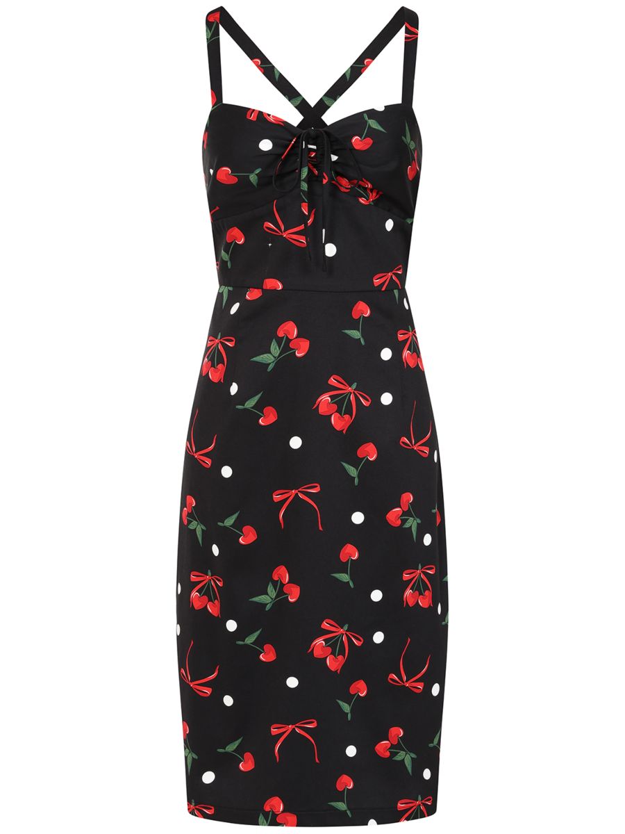 Banned Retro 50s Tullia Cherries And Bows Pencil Dress-Black