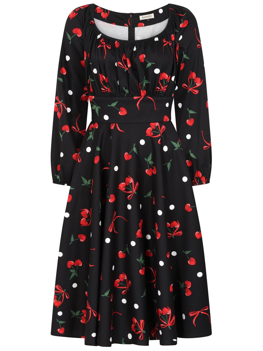 Banned Retro 50s Mina Cherries And Bows Swing Full Circle Dress-Black