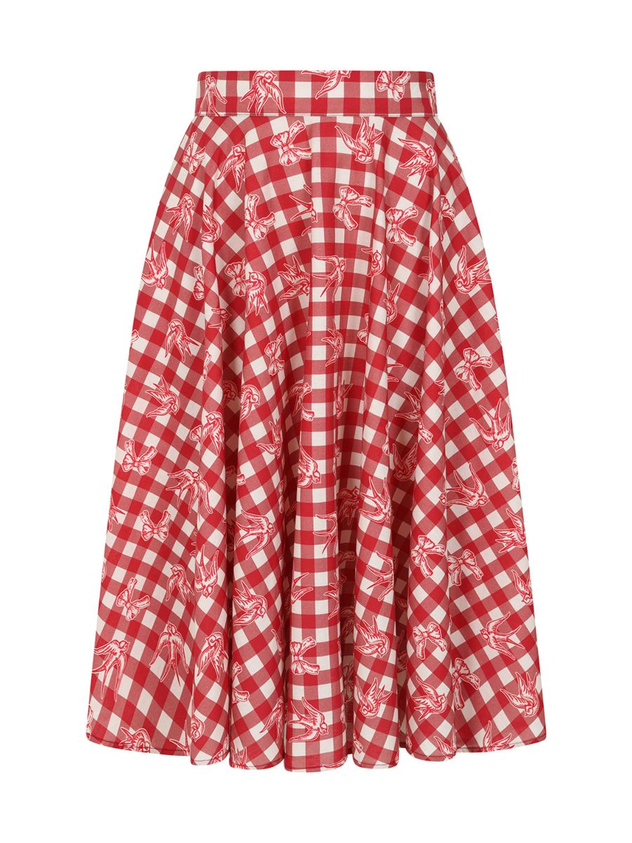 1950's Banned Retro Cary Check And Bow Skirt-Red