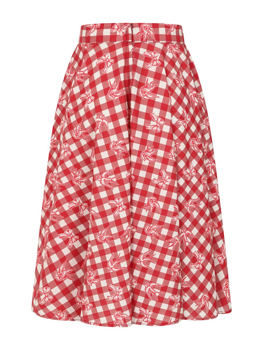 1950's Banned Retro Cary Check And Bow Skirt-Red