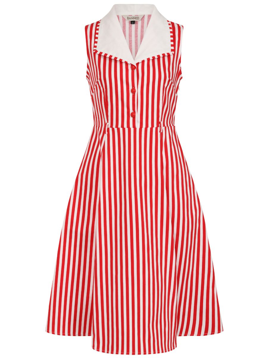 Banned Retro 50s Genevieve Swing Striped Dress-Red