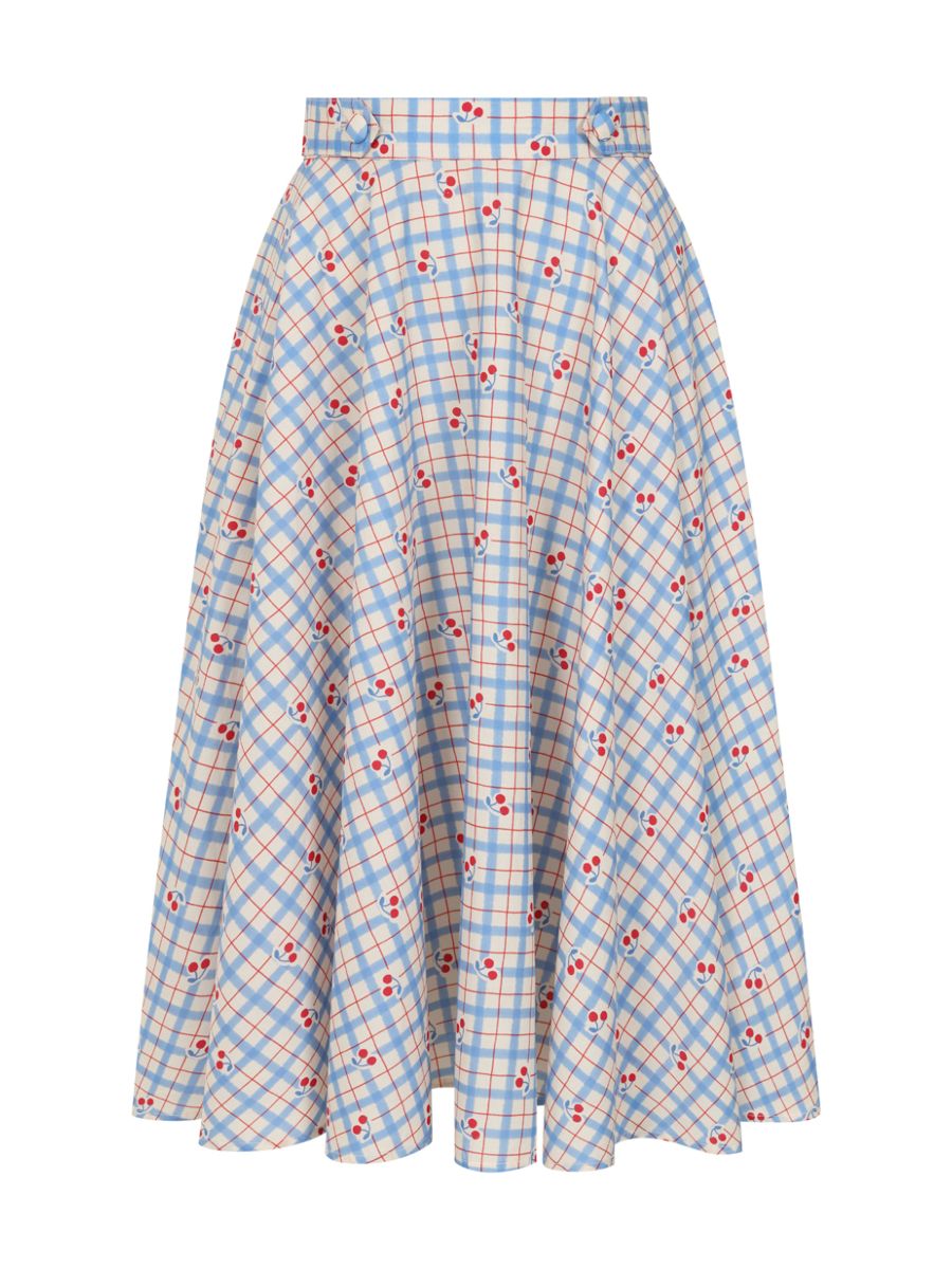 1950's Banned Retro Annie Cherry Check Skirt-Blue