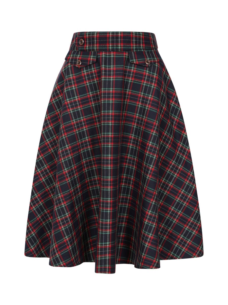 BANNED RETRO BOOK CLUB PLAID Swing Skirt With Button And Flap Details.-Navy