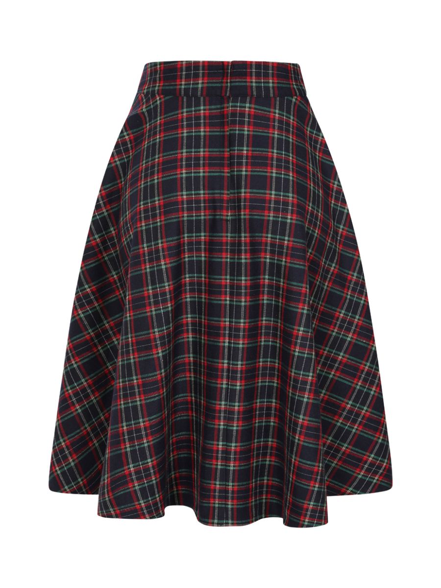 BANNED RETRO BOOK CLUB PLAID Swing Skirt With Button And Flap Details.-Navy