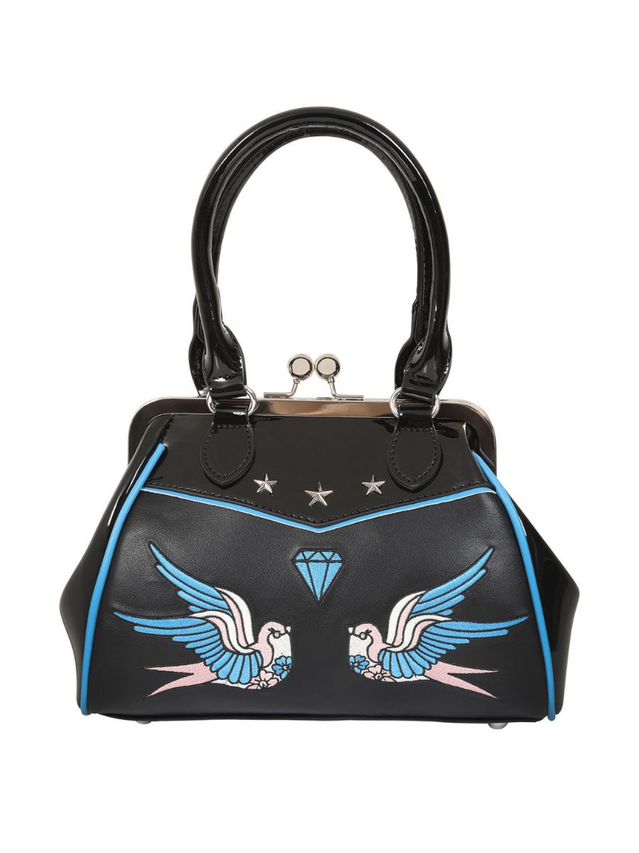 BANNED The Swallows Return Lacquer Handbag | Rockabilly Embroidered Style-Black-One Size