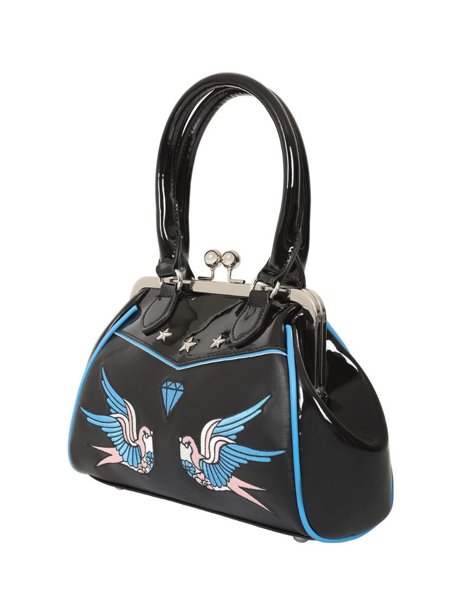 BANNED The Swallows Return Lacquer Handbag | Rockabilly Embroidered Style-Black-One Size