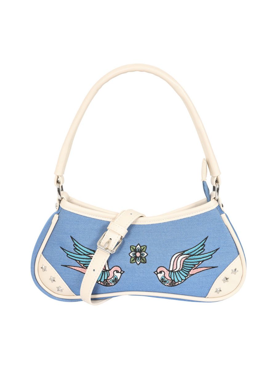 BANNED Marilou Swallow Denim Handbag | Rockabilly Embroidered Style-Blue-One Size