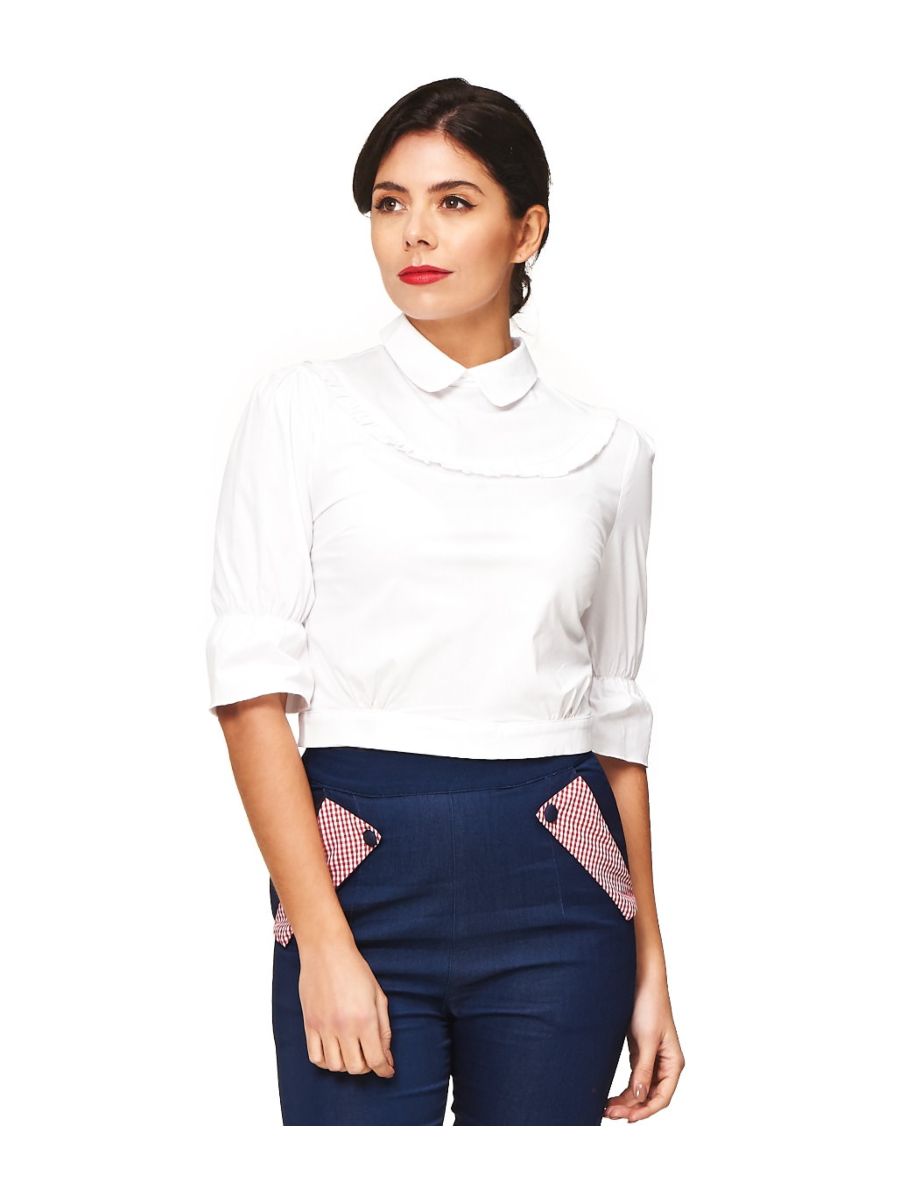 Banned Retro 1950's Lotus Collar Cropped Blouse White