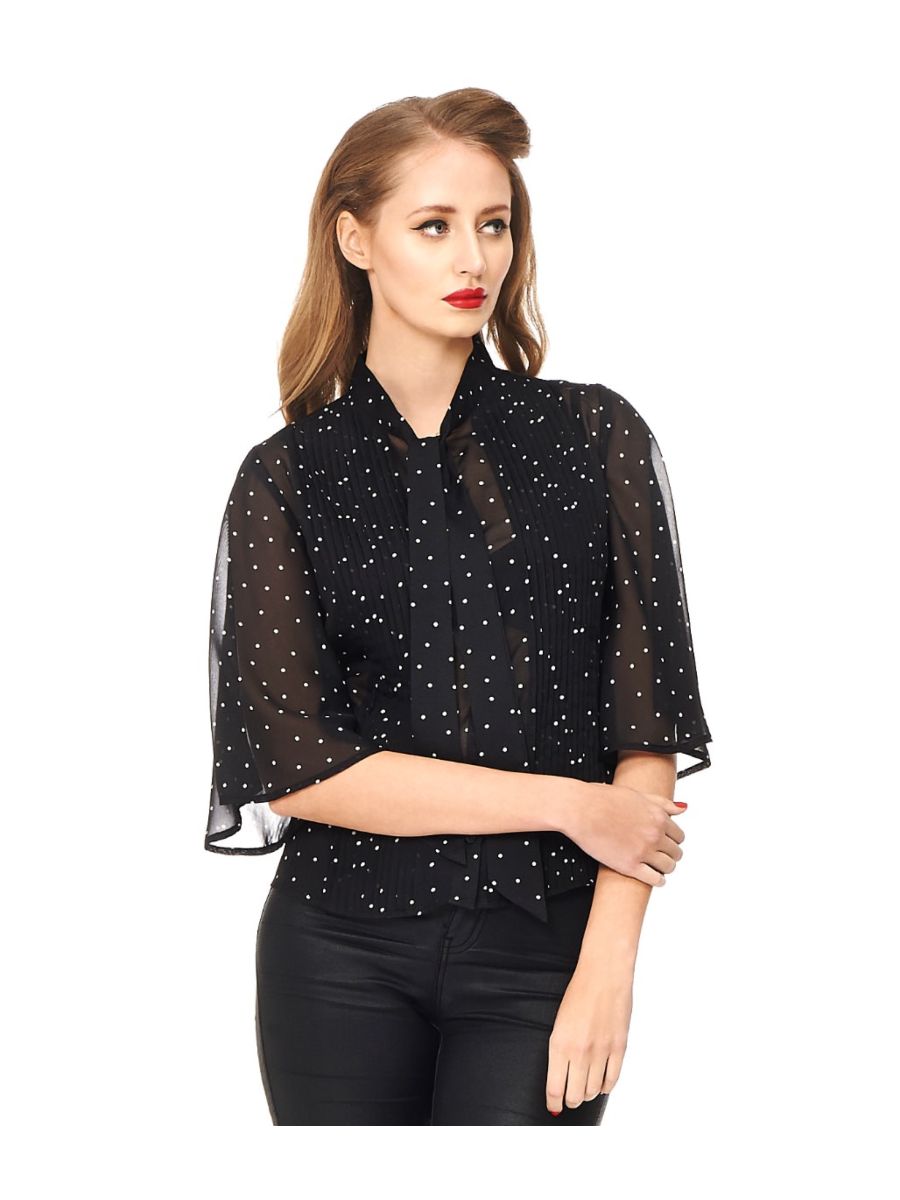 Banned Retro Storyteller Spot Flare Sleeve Blouse Black 