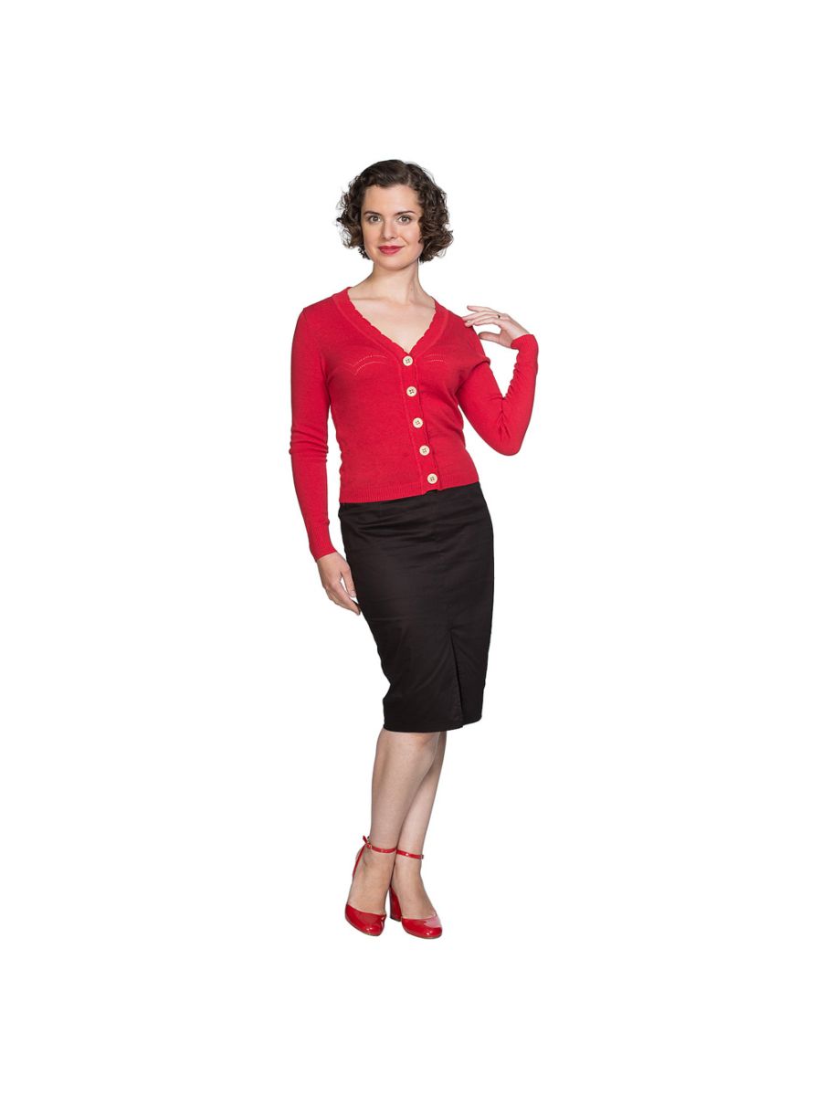 Banned Retro 1950's June V-Neck Scalloped Pointelle Long Sleeve Vintage Cardigan Red