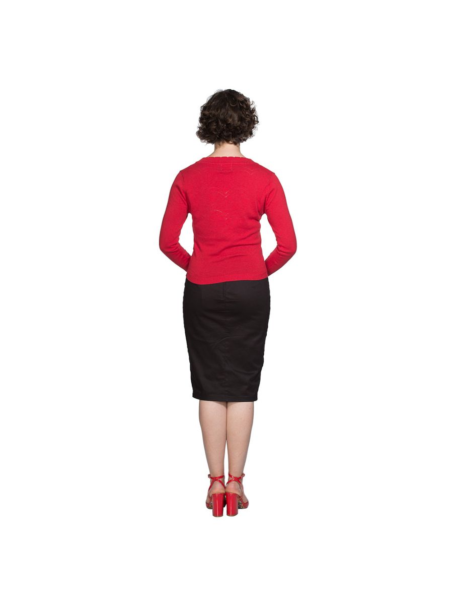 Banned Retro 1950's June V-Neck Scalloped Pointelle Long Sleeve Vintage Cardigan Red