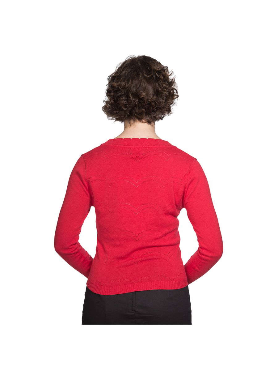 Banned Retro 1950's June V-Neck Scalloped Pointelle Long Sleeve Vintage Cardigan Red