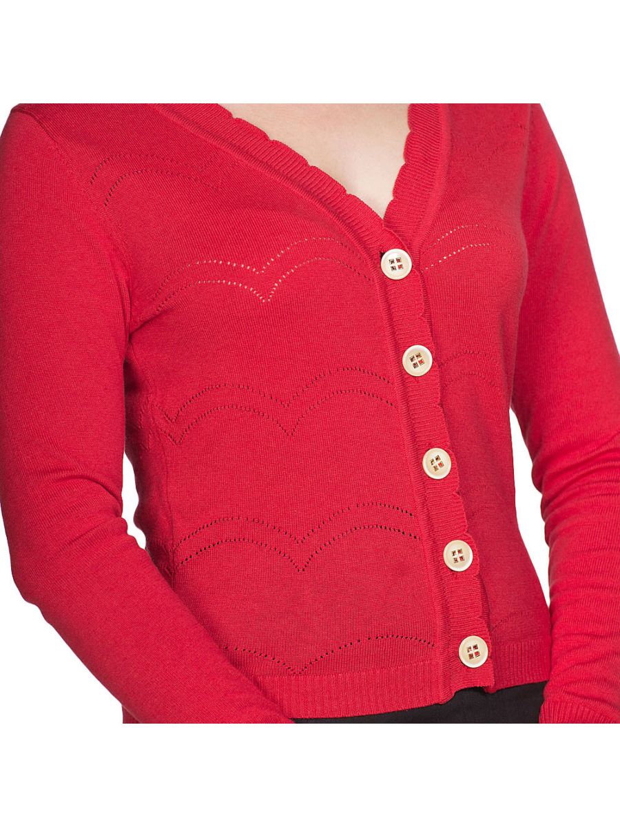 Banned Retro 1950's June V-Neck Scalloped Pointelle Long Sleeve Vintage Cardigan Red