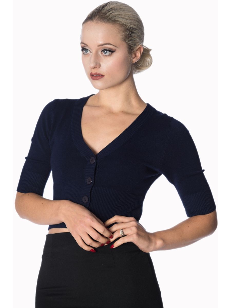 Banned Retro 1950's Overload V-Neck Cropped Vintage Cardigan Night Blue