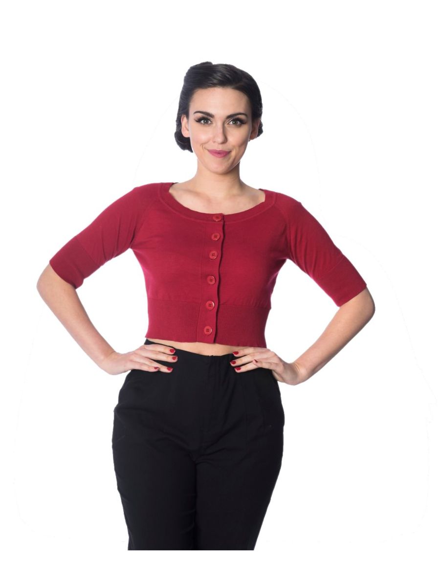 Banned Retro 1950's Raven Round Neck Cropped Vintage Cardigan Burgundy