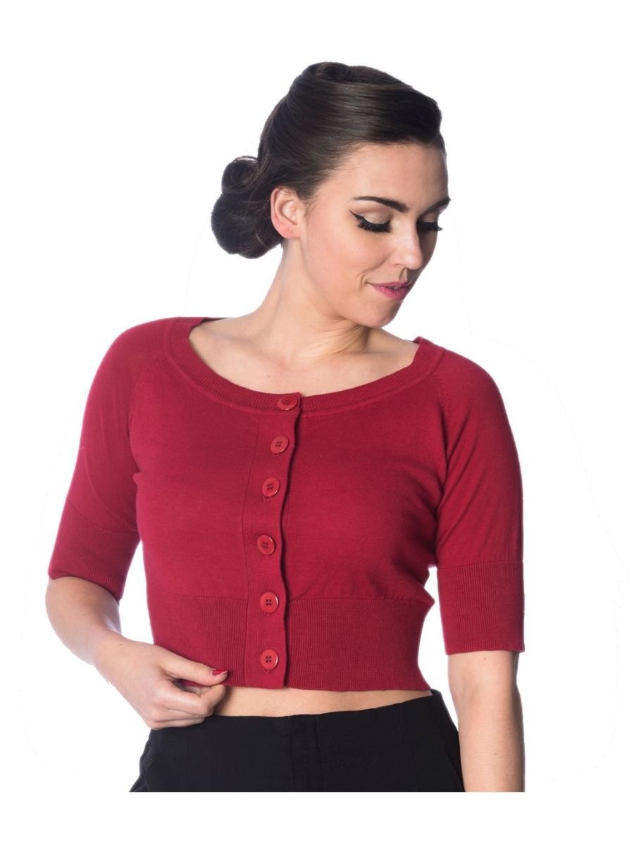 Banned Retro 1950's Raven Round Neck Cropped Vintage Cardigan Burgundy