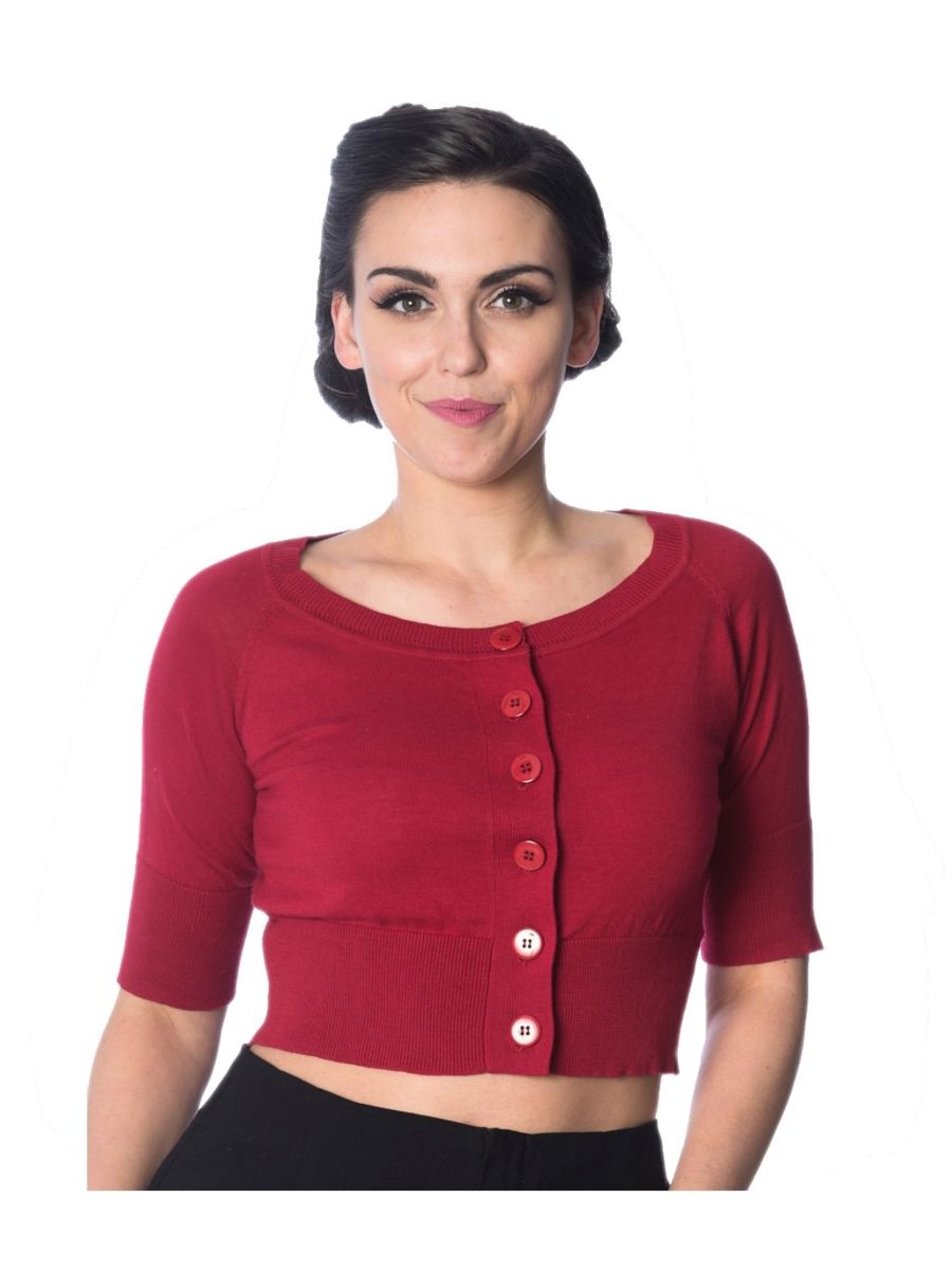 Banned Retro 1950's Raven Round Neck Cropped Vintage Cardigan Burgundy