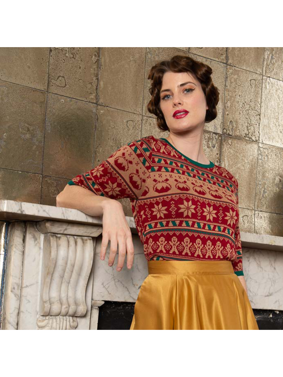 Banned Retro 1950's Christmas Pud Jacquard Vintage Ruby Jumper Brown