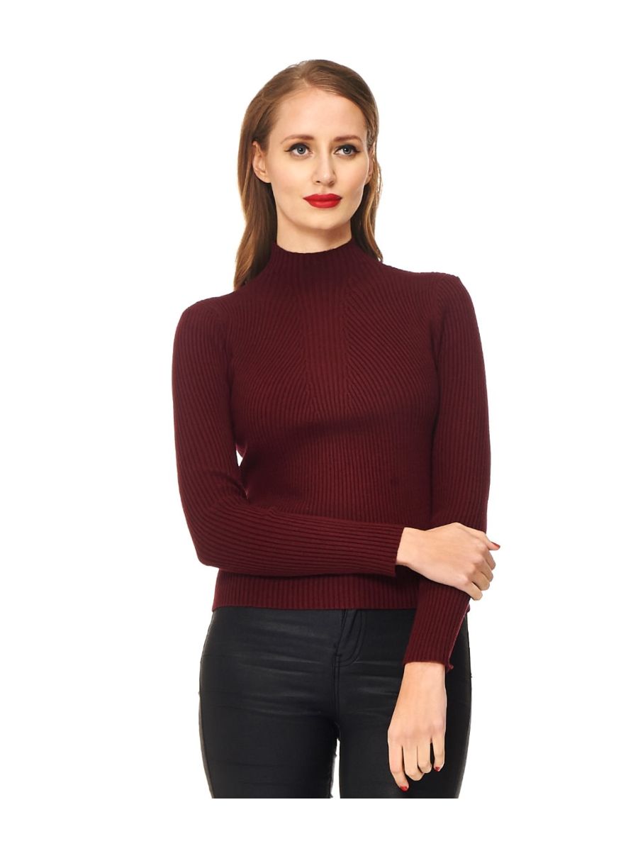 Banned Retro Let's Tango Polo Neck Ribbed Vintage Knit Top Burgundy