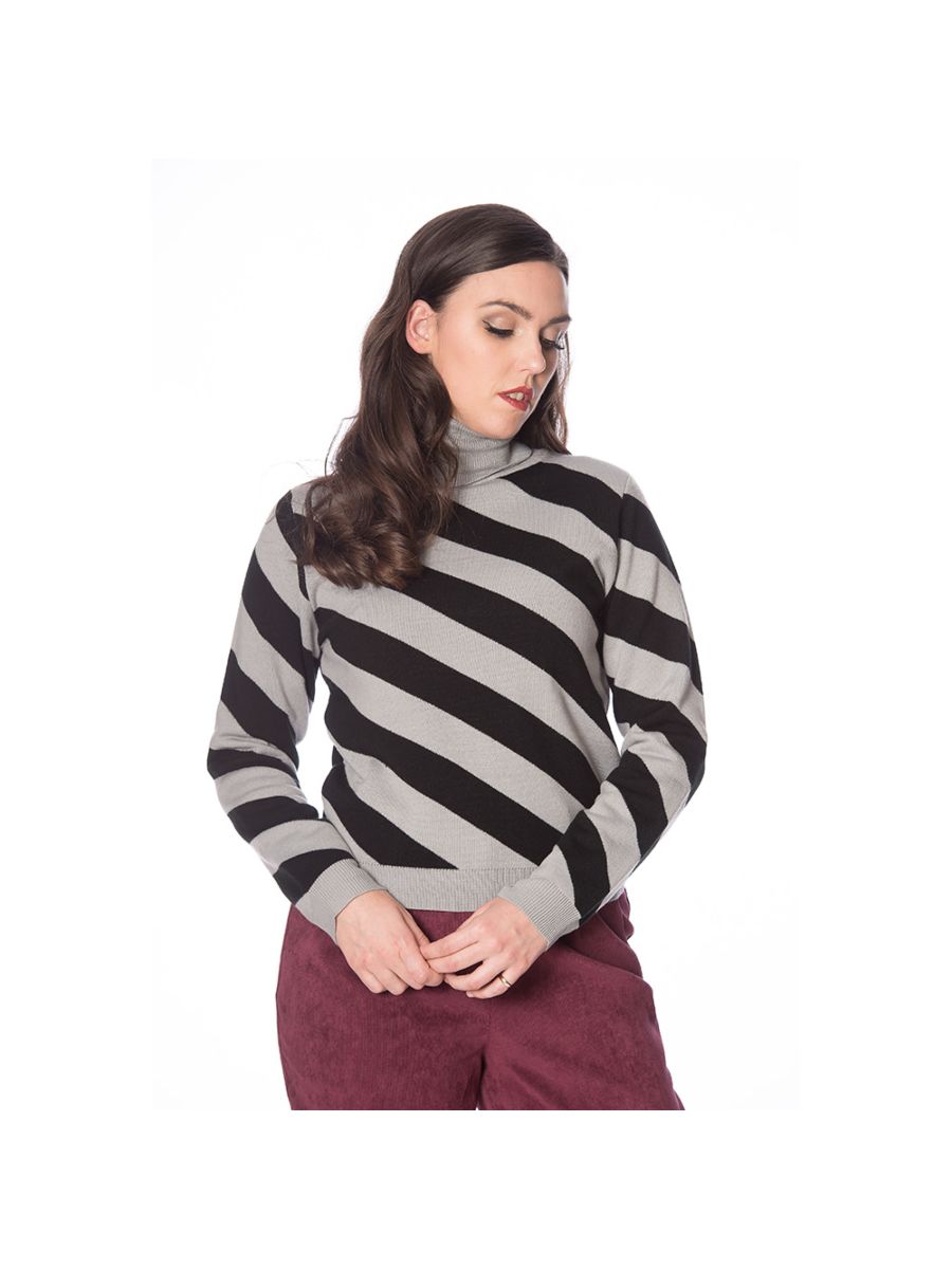 Banned Retro 80s Diagonal Stripe Turtle Neck Knit Vintage Top Grey