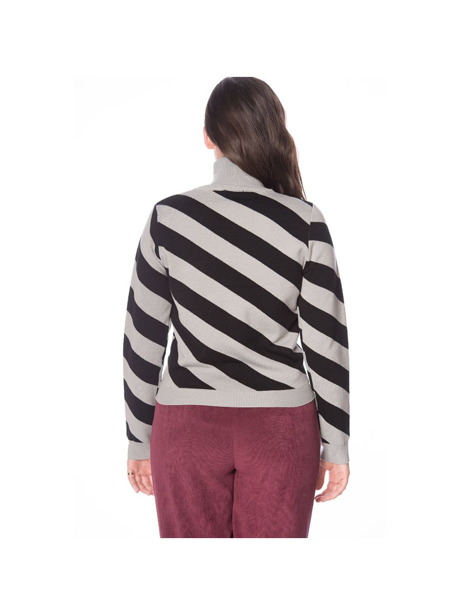 Banned Retro 80s Diagonal Stripe Turtle Neck Knit Vintage Top Grey