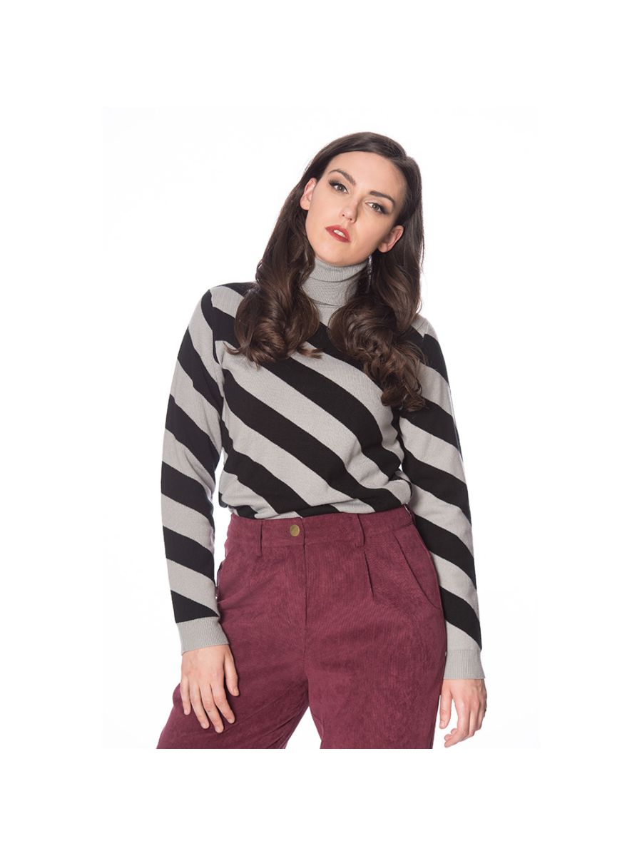 Banned Retro 80s Diagonal Stripe Turtle Neck Knit Vintage Top Grey