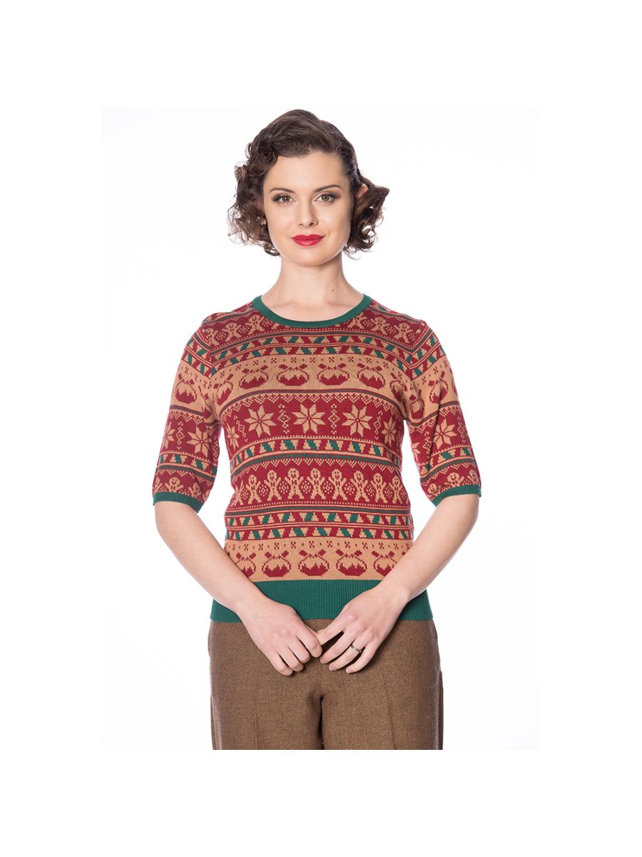 Banned Retro 1950's Christmas Pud Jacquard Vintage Ruby Jumper Brown