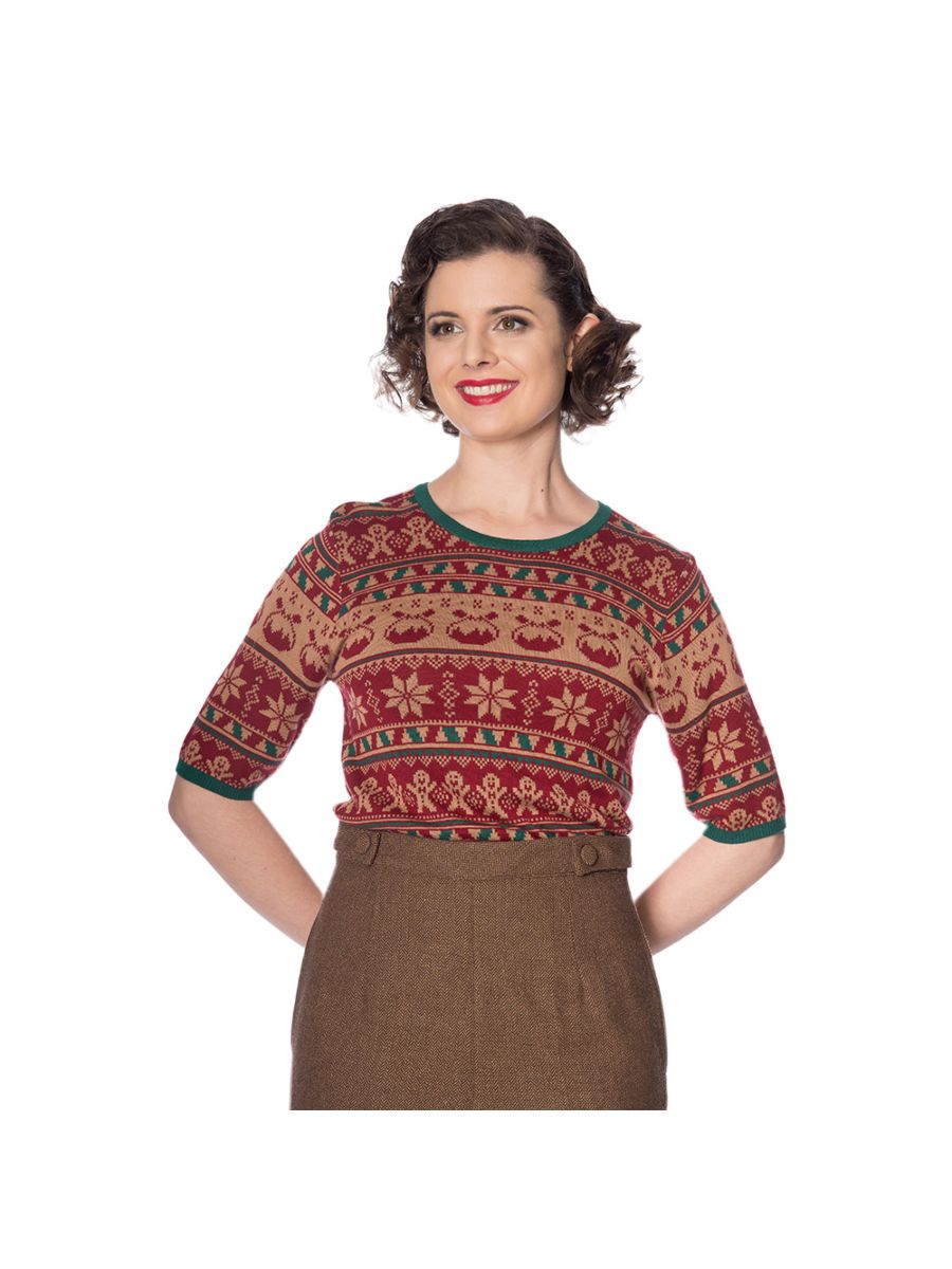 Banned Retro 1950's Christmas Pud Jacquard Vintage Ruby Jumper Brown
