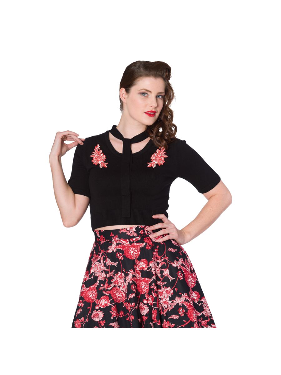 Banned Retro 1950's Winter Flower Tie Neck Knit Vintage Top Black