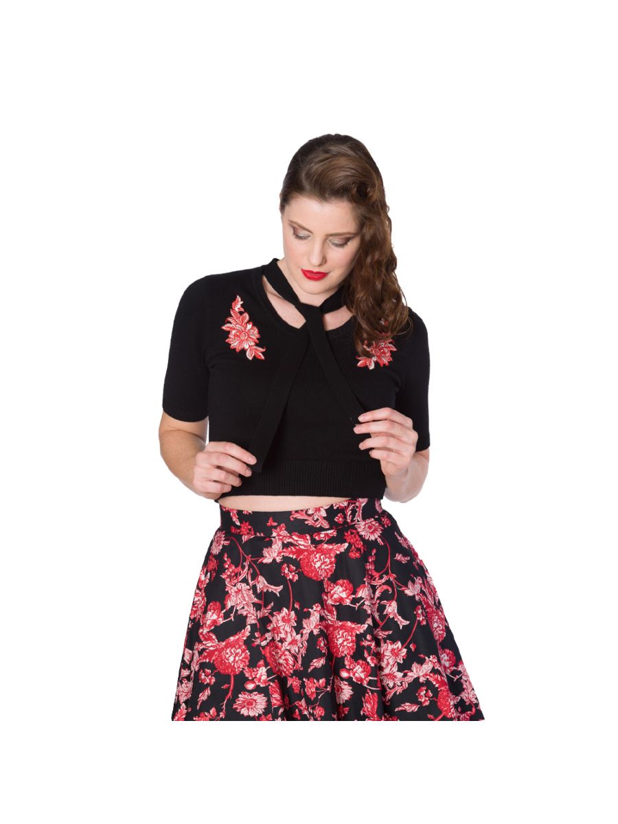 Banned Retro 1950's Winter Flower Tie Neck Knit Vintage Top Black
