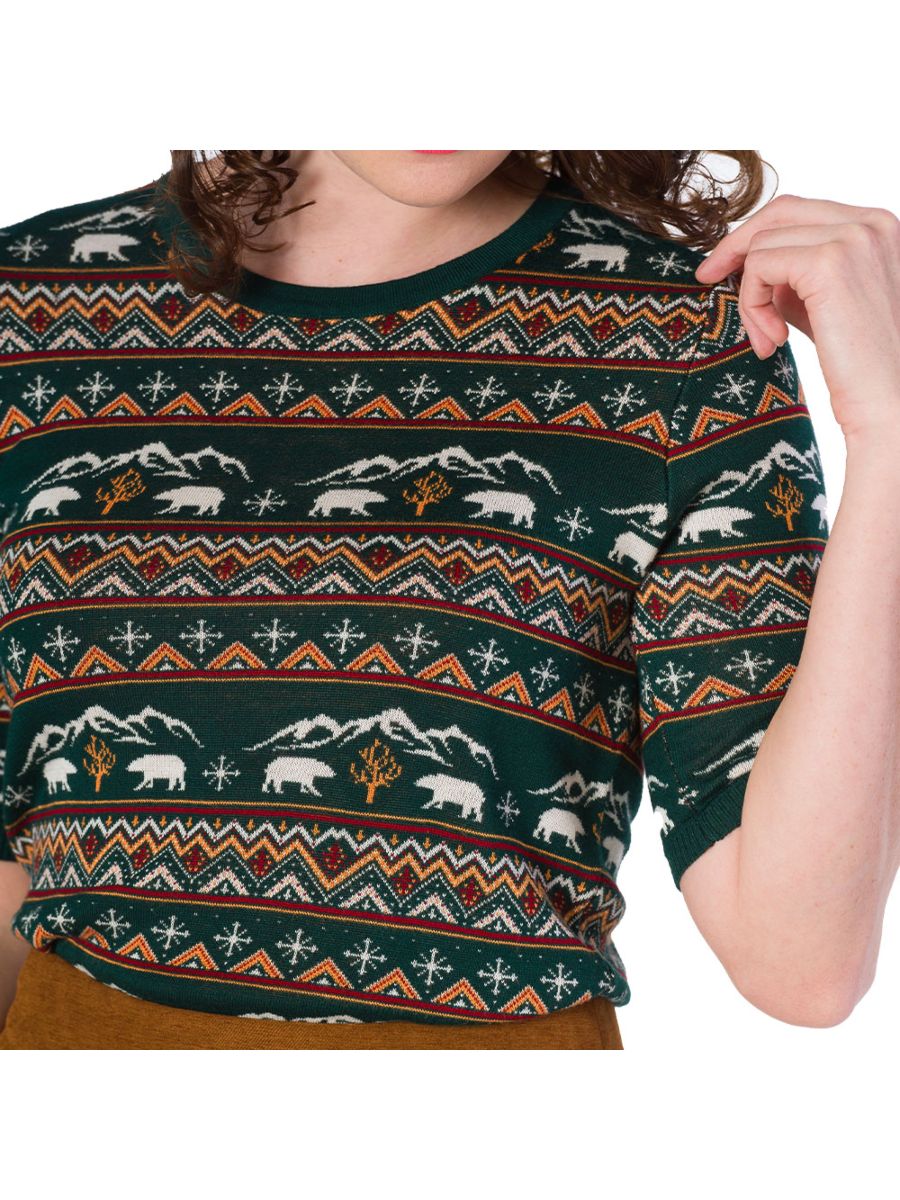 Banned Retro 1950's Christmas Bear Jacquard Vintage Ruby Jumper Green