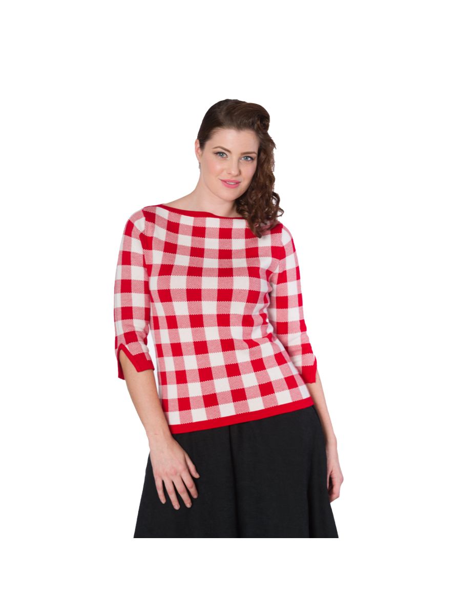 Banned Retro 1950's Check Knitted Vintage Dorothy Top Red