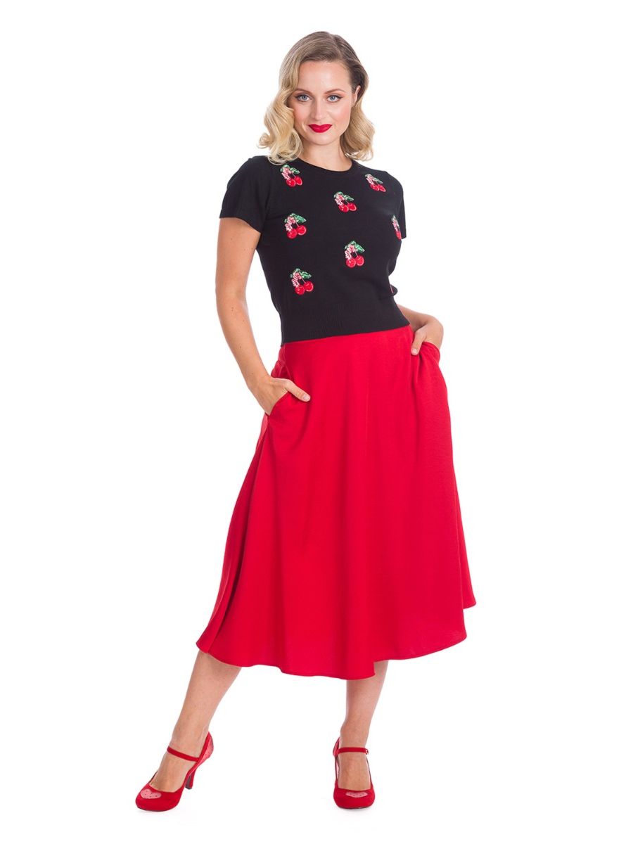 Banned Retro 1950's Cherry Berry Embroidery Knit Vintage Top Black