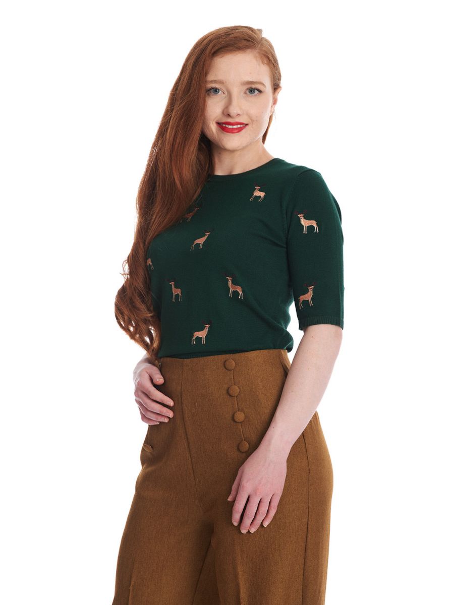 Banned Ruby Sweet Deer Jumper - Vintage Style Reindeer Pattern Knit Sweater