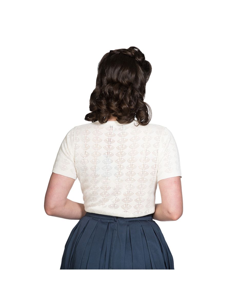 Banned Retro 1950's Nautical Pointelle Perforated Vintage Ruby Knit Top Cream